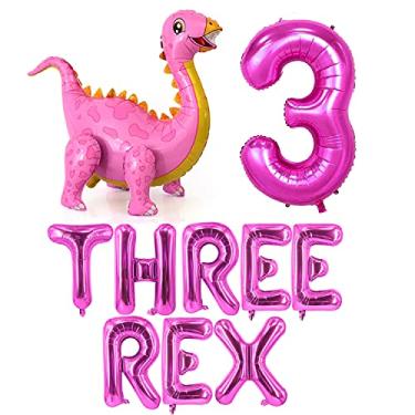 Imagem de Balões temáticos de dinossauro rosa choque para bebês três balões de aniversário de Rex balão de dinossauro 4D decorações de festa dinossauro balões de 3º aniversário suprimentos de festa