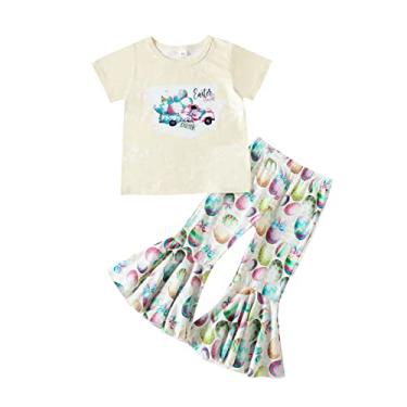 Imagem de Camiseta infantil com estampa de coelho de manga curta para meninas de Páscoa e calças de sino para bebês meninos batizado, Amarelo, 3-4 Anos