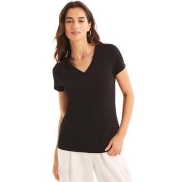 Imagem de Nautica Camiseta feminina de algodão elástico supermacia com gola V e conforto fácil, Preto de zibelina escura., GG