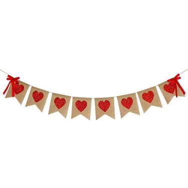 Imagem de Guirlanda de bandeira de coração de juta | Coração de glitter vermelho | decorações de dia dos namorados | Decoração rústica dos namorados | Banner de juta de dia dos namorados | Artigos de decoração de festa de aniversário de casamento