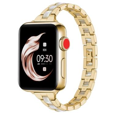 Imagem de Juntan Pulseira de relógio de resina com aço inoxidável para Apple Wach, pulseira elegante para mulheres e homens (42 mm/44 mm/45 mm/49 mm, aço dourado + resina branca)