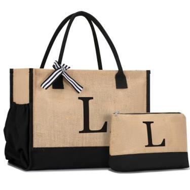 Imagem de GASSDA Sacola de lona inicial, presente de aniversário para mulheres, mãe, professora, amiga, dama de honra, personalizada para casamento, férias na praia, G 2 conjuntos, Medium