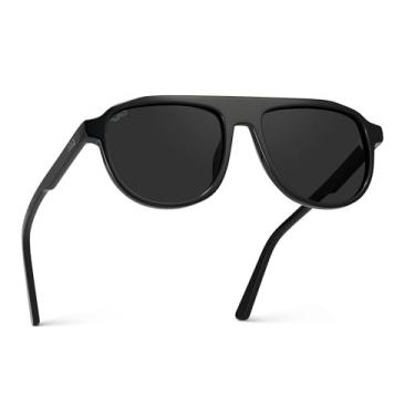 Imagem de WearMe Pro Óculos de sol aviador polarizados retrô ousados | Design geométrico de armação plana e lentes gradientes, Lente preta brilhante/preta, One Size