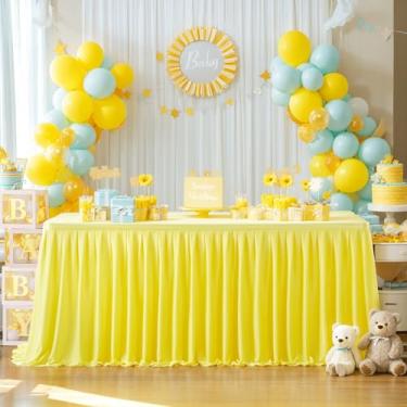 Imagem de Partisky Saia de mesa de poliéster amarelo para mesas retangulares de 1,8 m, resistente a rugas, plissada, toalha de mesa para banquete comércio de casamento, chá de bebê, presente de mesa de jantar