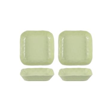 Imagem de Conjunto de tigela e prato de cerâmica criativo e personalizado, tigelas e pratos domésticos simples - prato quadrado amassado à mão de 20 cm - verde creme - 2 pacotes