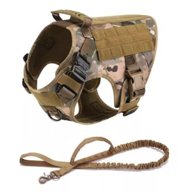 Imagem de Colete Peitoral Tático K9 para Cão Policial Militar modelo Hanover, Nylon, Fivelas Frontais de Aço + Guia Militar K9 (Camuflado, XG)