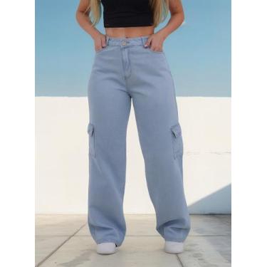 Imagem de Ujeans Calça Pantalona Wide Leg Cargo Preta, Azul, Claro, 46