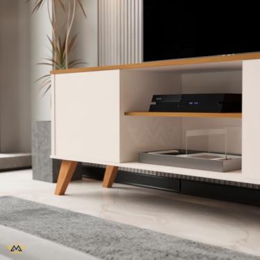 Imagem de Rack para TV Moderno, 136 cm, Branco com Pés de Madeira, 2 Prateleiras (Off White)