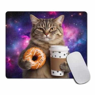 Imagem de Amcove Tapete de mouse Galaxy, o gato espacial segura uma xícara de café e rosquinha esmaltada laranja retangular personalizada de borracha antiderrapante mousepad para jogos