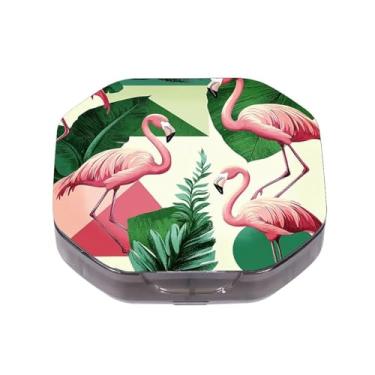 Imagem de Caixa de comprimidos pequena com 4 compartimentos, flamingos rosa, folhas tropicais, impermeável, durável, organizador de comprimidos de viagem, diário, portátil, suplementos de óleo de peixe e