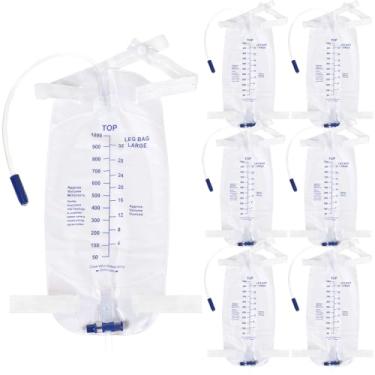Imagem de 6 peças de bolsas de perna de cateter bolsa de drenagem urinária de 1000 ml para homens mulheres bolsa de coleta de urina válvula cruzada anti-refluxo com tiras de pano para fixar ao seu pé