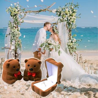 Imagem de Caixa de anel de dia dos namorados com pingente de desenho animado fofo em forma de urso caixa de anel para pedido de noivado anel suporte de anéis de casamento (marrom, 4 x 3,5 x 3 cm)