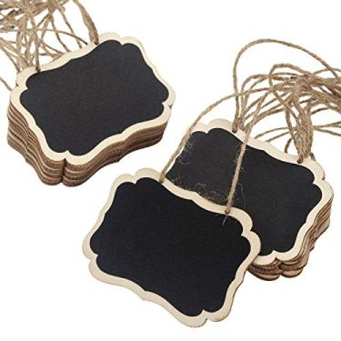 Imagem de MOTYAWN Pacote com 20 etiquetas de quadro-negro com cordão para pendurar, quadro negro de madeira de dois lados, placas de quadro de mensagens apagáveis para decorações de casamento ou festa