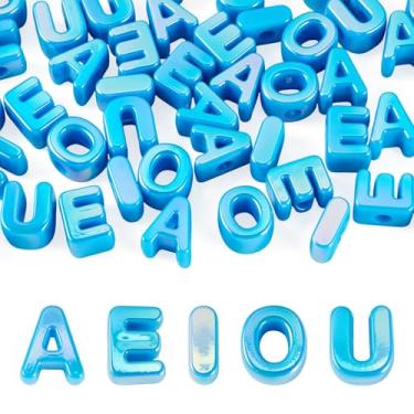 Imagem de FASHEWELRY 50 peças de contas acrílicas de letras de vogal grandes blocos de letras de plástico amuletos letras 3D contas grossas do alfabeto para chaveiros colar DIY artes projetos de artesanato azul