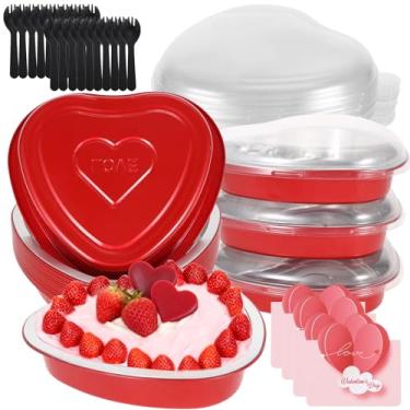 Imagem de 20 formas de bolo de coração de São Valentim de 623 g, formas de folha de alumínio para forno vermelho com tampas, colher e cartão, sobremesa, copo de cupcake descartável para dia dos namorados