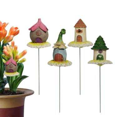 Imagem de Estacas Decorativas Para Vasos De Flores,4 Peças Design de Casa de Fada em Resina Decoração de Relvado Exterior | Hastes para Decoração ao Ar Livre | Para Relvado Pátio Canteiro de Flores Vaso de Plan