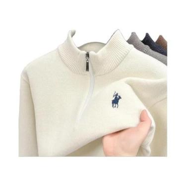 Imagem de Suéter Masculino De Tricô Grosso Com Gola Alta E Meio Zíper Em Lã De V