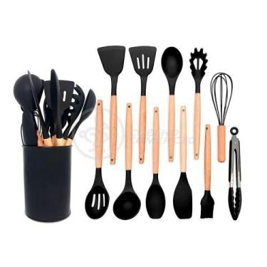 Imagem de Kit 12 Peças Utensílios De Cozinha De Silicone E Cabo De Madeira Resis