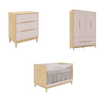 Imagem de Combo berço+cômoda+guarda roupa carvalho com rosa - Quater