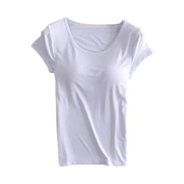 Imagem de Camisetas femininas com sutiã de prateleira embutida, blusas básicas, manga curta, gola redonda, túnica, Branco, P