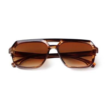 Imagem de VIA LEECA Óculos de sol aviador quadrados de designer para mulheres e homens, ponte dupla, armação grande e grossa, óculos retrô, Lente de chá gradiente com armação de árvore marrom, Large