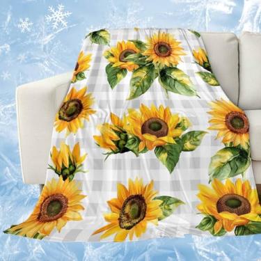 Imagem de Cobertores florais refrescantes para pessoas que dormem quente Girassol Cinza Branco Búfalo Xadrez, Manta de Gelo Xadrez Leve Girassol Cinza 101,6 cm x 152,4 cm Cobertores Frios de Verão para Suores