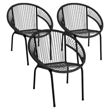 Imagem de Kit 3 Cadeira De Área Eclipse Tramado Fibra Sintética E Aço Preto