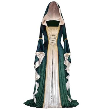 Imagem de PYAEAS Vestido feminino de veludo renascentista, vestido vitoriano, com capuz, vestido medieval gótico, fantasia de vampiro, cosplay, Verde, 3G