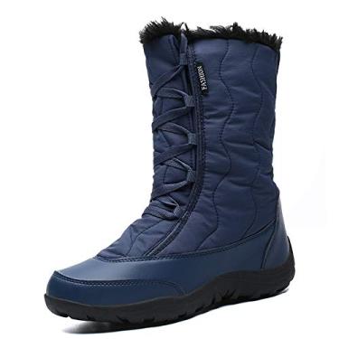 Imagem de Bigfanshu Botas femininas na altura do joelho com salto impermeável para neve ao ar livre sapatos de algodão tubo quente esqui plus veludo, Azul, 36 M EU