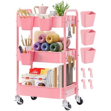 Imagem de Carrinho de rodinhas de metal com rodas trancáveis, organizador de carrinho de artesanato rosa de três camadas, carrinhos utilitários de armazenamento para lanches, livros, porta-fraldas, bebê, arte