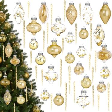Imagem de Bucherry Conjunto de 48 peças de enfeites de gelo de bola de Natal dourada de plástico transparente à prova de estilhaçamento, decoração de bola de árvore de Natal brilhante de plástico com glitter