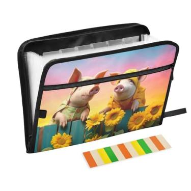 Imagem de Wassud Sunshine Pigs (2) Organizador de arquivos sanfonado de 13 bolsos com abas e adesivos, organizador de pastas de documentos de recibo de papel tamanho carta A4 para viagens de escritório