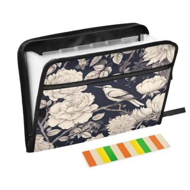 Imagem de Wassud Flores brancas e pássaro sanfonado organizador de arquivos letra A4 pastas de arquivo de papel organizador de documentos fólio com etiquetas pasta de arquivo expansível 13 bolsos