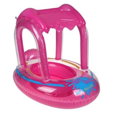 Imagem de Boia Bote Inflável Infantil com Cobertura Solar Rosa Design de Palmeira 56x65 cm para Piscina e Praia Bebês e Crianças