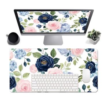 Imagem de Tapete de mesa floral grande, 80 x 40 cm, à prova d'água, mouse estendido para jogos, 2GG, flores estéticas, tapete de mesa antiderrapante, teclado e laptop, tapete de escrita de computador para