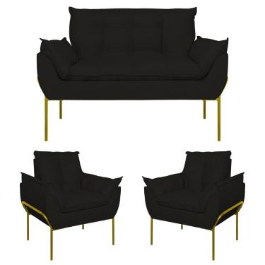 Imagem de Kit 02 Poltronas + Namoradeira Reforçada Opala Metal Dourado Preto