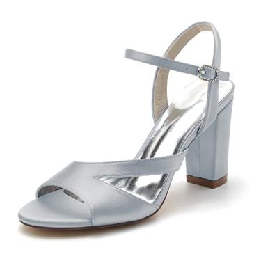 Imagem de Sapatos de noiva de cetim femininos de salto alto grossos marfim Peep Toe sapatos sapatos sociais 36-43,Silver,6 UK/39 EU