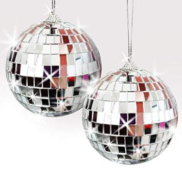 Imagem de ArtCreativity Bola de discoteca espelhada de 10 cm, conjunto de 2, bolas de discoteca prateadas com corda de pendurar para festas, aniversários e casamentos, decorações e suprimentos de festa de discoteca dos anos 90, acessórios para decoração de teto