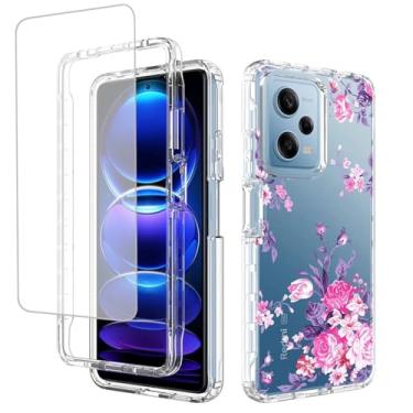 Imagem de Zoeirc Capa para Redmi Note 12 Pro, Capa Poco X5 Pro 22101320G com protetor de tela de vidro temperado, capa macia 360 à prova de choque híbrida transparente para Xiaomi Poco X5 Pro Rose Flower