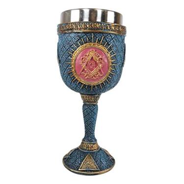 Imagem de Ebros – Símbolo Illuminati Maçônico Quadrado e Bússolas Maçônico com Olho da Providência Copo de Vinho 18 cm de altura Azul e Dourado Ornado Copo de Bebida Medieval Cálice