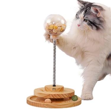 Imagem de Marchul Brinquedo de bola de gato com bola de petisco, dispensador de guloseimas para gatos com bola de rolo, brinquedos interativos de madeira para gatos internos e gatinhos, brinquedo de comida de