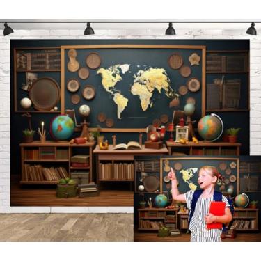 Imagem de Leowefowa Welcome Back to School Pano de fundo de vinil 3 x 2,4 m, decoração de festa, mapa-múndi, estante, globo de fotografia, papel de parede, sala de aula, adereços para cabine de fotos