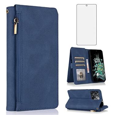 Imagem de Asuwish Compatível com OnePlus 10T 5G/One Plus Ace Pro, carteira protetora de tela e zíper retrô de couro, suporte para cartão, acessórios para celular On 1Plus 1 + Plus10T 1+ AcePro Blue