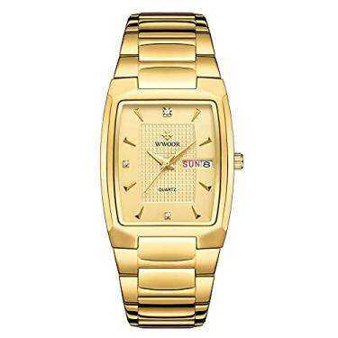 Imagem de WWOOR Relógios quadrados para homens e mulheres de aço inoxidável Mens Square Watch com data impermeável Analógico Quartz Fashion Business Casual Relógio de pulso (37-Dourado)