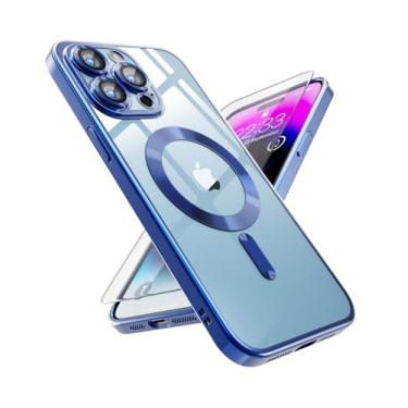 Imagem de SUCGLES Capa magnética transparente para iPhone 14 Pro Max, com proteção total da câmera + protetor de tela de vidro compatível com MagSafe, capa fina fina à prova de choque para Apple 14 Promax de 6,7 polegadas (azul profundo)
