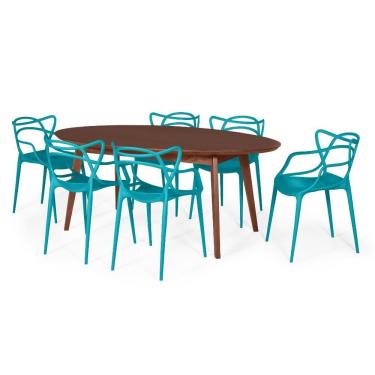 Imagem de Conjunto Mesa De Jantar Oval Vértice Nozes 190Cm Com 6 Cadeiras Allegra - Turquesa