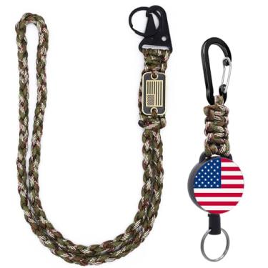 Imagem de Chaveiro retrátil de 2 peças, carretel de suporte de crachá resistente – Cordão de paracord trançado com bandeira dos EUA, carretel retrátil para crachá de identificação e colar de corda de paraquedas