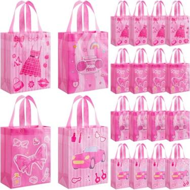 Imagem de Wesnoy 24 peças de sacolas de lembrancinhas de festa rosa com alça rosa choque reutilizáveis não tecidas sacolas de brindes a granel lembrancinhas de festa de princesa para decoração de aniversário de