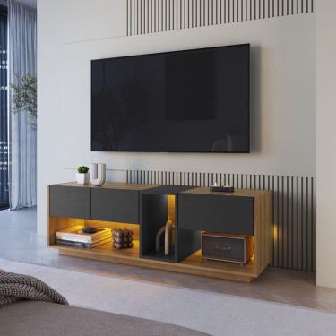 Imagem de Rack para Tv 55 Polegadas com Iluminação em Led Rgb com 3 Gavetas e 1 Nicho Mel/Grafite