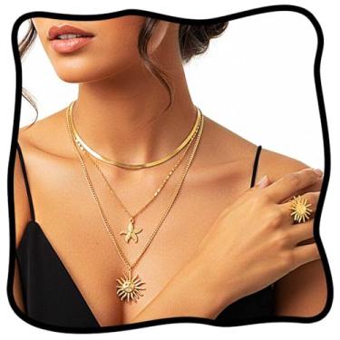 Imagem de Urieo Conjunto de colar e anel de sol dourado para mulheres, colares de estrelas do mar Boho Beach Acessórios de joias
